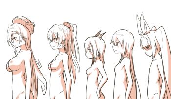5girls :o angry blush breast_conscious breasts bust_chart character_request chart clam_shell_(ole_tower) dosu_(doseven) female_focus flat_chest from_side frown hair_ornament hair_ribbon half_updo hand_on_own_hip hat highres horns lineup long_hair monochrome multiple_girls nipako nipples nude ole_tower open_mouth ponytail ribbon scales shaded_face simple_background small_breasts smile standing twintails upper_body white_background