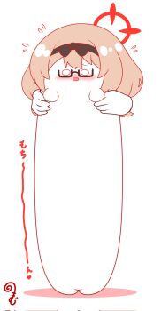 black-framed_eyewear black_bow black_hairband blue_archive blush bow brown_hair chibi chinatsu_(blue_archive) colored_shadow commentary_request corrupted_twitter_file disembodied_hand flying_sweatdrops glasses hairband halo highres kurukurumagical long_hair longcat_(meme) meme nose_blush open_mouth semi-rimless_eyewear shadow simple_background solo_focus under-rim_eyewear white_background wide_oval_eyes