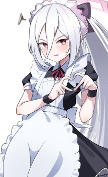 1girl absurdres alternate_costume alternate_hairstyle apron black_bow black_dress black_wrist_cuffs blue_archive blush bow bright_pupils commentary cowboy_shot double-parted_bangs dress enmaided four-finger_heart_hands frilled_apron frilled_dress frills frown hair_between_eyes hair_bow halo hands_up heart heart_hands highres kei_(blue_archive) kei_(new_body)_(blue_archive) long_hair long_hair_between_eyes looking_at_viewer maid maid_apron maid_headdress neck_ribbon open_mouth pink_halo ponytail puffy_short_sleeves puffy_sleeves rectangular_halo red_eyes red_ribbon ribbon ringed_eyes saabyboi short_sleeves simple_background solo squiggle sweatdrop v-shaped_eyebrows very_long_hair white_apron white_background white_hair white_pupils wrist_cuffs