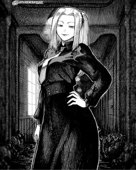 1girl breasts commentary_request contrapposto crosshatching greyscale hallway hand_on_own_hip hatching_(texture) high-waist_skirt highres instagram_username jujutsu_kaisen large_breasts lipstick long_skirt makeup mei_mei_(jujutsu_kaisen) monochrome necktie ponytail seveninks sidelocks skirt smile solo spanish_commentary