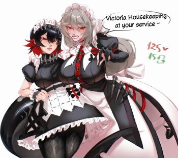 2girls absurdres alexandrina_sebastiane black_hair blush breasts colored_inner_hair cropped_legs ellen_joe fins fish_tail frilled_wristband grey_hair hair_between_eyes hairband highres large_breasts like_and_retweet lips long_hair maid maid_headdress metal_hairband mole mole_under_eye multicolored_hair multiple_girls pantyhose razor_blade_hair_ornament red_eyes red_hair rururuna_san shark_girl shark_tail short_hair simple_background spiked_headband tail zenless_zone_zero