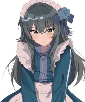 1girl :< alternate_costume apron blush commentary_request enmaided flower gakuen_idolmaster green_eyes grey_hair heart_zipper highres idolmaster jacket jersey_maid long_hair long_sleeves maid maid_headdress rose skirt solo sweat track_jacket tsukimura_temari unconventional_maid upper_body yamanonba