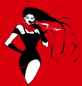 1girl black_dress black_hair cigarette clamchowder55 closed_eyes cowboy_shot dress earrings elbow_gloves floating_hair gloves hair_over_one_eye hashtag-only_commentary holding holding_cigarette hoop_earrings jewelry jojo_no_kimyou_na_bouken lisa_lisa long_hair red_scarf scarf smoke solo