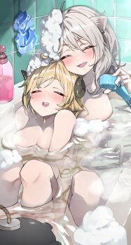 2girls absurdres animal_ear_piercing animal_ears bathroom blonde_hair blush breasts closed_eyes commentary_request convenient_censoring fangs grey_hair hair_down highres hololive horns knees_up large_breasts lion_ears lion_girl lion_tail long_hair multiple_girls nyas0123 open_mouth same-sex_bathing shared_bathing sheep_ears sheep_girl sheep_horns shishiro_botan sidelocks soap_bubbles soap_censor ssrb_(shishiro_botan) tail tsunomaki_watame virtual_youtuber yuri