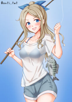 Rule 34 | 1girl, alternate costume, alternate hairstyle, anti (untea9), asakaze (kancolle), bikini, bikini under clothes, blue background, blue eyes, brown hair, cowboy shot, fish, fishing rod, highres, kantai collection, long hair, ponytail, shirt, shorts, solo, swimsuit, wavy hair, white shirt