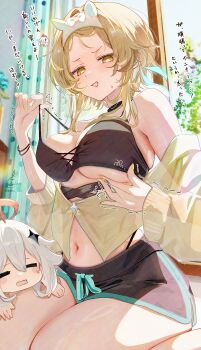 2girls =_= alternate_costume bare_legs bikini bikini_under_clothes black_bikini black_shorts blonde_hair blush breasts bright_pupils cardigan commentary_request dolphin_shorts feet_out_of_frame fingernails forehead genshin_impact grey_hair halo highres indoors kabu_usagi large_breasts looking_down lumine_(genshin_impact) multiple_girls nail_polish navel paimon_(genshin_impact) shirt short_shorts shorts signature sitting stomach sweatdrop swimsuit translation_request trembling twitter_username underboob underwear wariza watermark watermark_grid white_pupils yellow_cardigan yellow_shirt