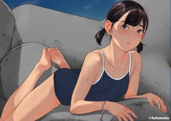 1girl absurdres artist_name barefoot blue_one-piece_swimsuit bracelet breasts brown_eyes brown_hair collarbone commentary_request covered_erect_nipples feet futamotu hair_behind_ear hair_over_eyes hands_on_ground highres jewelry legs_up light_blush looking_at_viewer low_twintails lying medium_hair on_rock on_stomach one-piece_swimsuit original outdoors parted_lips satonaka_megumi_(futamotu) school_swimsuit small_breasts soles solo swimsuit twintails twitter_username variant_set wet