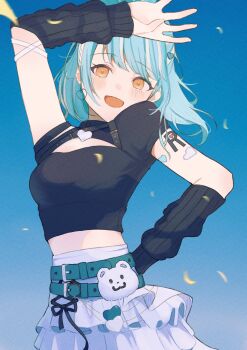 Rule 34 | 1girl, absurdres, arm above head, arm warmers, belt, black arm warmers, black shirt, blue background, blue belt, blue hair, cleavage cutout, clothing cutout, detached sleeves, earrings, frilled skirt, frills, hair ornament, hand on own hip, heart, heart earrings, highres, jewelry, looking at viewer, midriff, multicolored hair, open mouth, orange eyes, shiranami ramune, shiranami ramune (3rd costume), shirt, skirt, sleeves past wrists, smile, solo, streaked hair, toma (zi15866), virtual youtuber, vspo!, white hair, white skirt, wristband