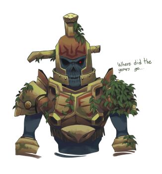 Rule 34 | 1boy, armor, commentary, cropped torso, cuirass, english commentary, english text, fake horns, gold armor, helmet, hero's shade, highres, horned helmet, horns, leaf, male focus, nintendo, pauldrons, red eyes, shoulder armor, skeleton, solo, spongebob squarepants (series), supsross, teeth, the legend of zelda, the legend of zelda: twilight princess, white background