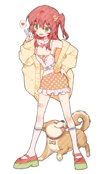 1girl absurdres alternate_costume animal_collar bandaid_on_thigh bare_shoulders belt belt_buckle bocchi_the_rock! bone bow bowtie buckle chinese_commentary choker collar commentary_request commission crossed_belts dog dress eyelashes fashion frilled_dress frills fryfry008 full_body green_eyes green_shoes hair_between_eyes hair_bow hand_on_own_hip happy heart heart-shaped_buckle high_belt highres jacket kita_ikuyo kneehighs knees light_blush long_hair long_sleeves looking_ahead loose_hair_strand mary_janes multicolored_shoes one_side_up open_clothes open_jacket open_mouth orange_bow polka_dot polka_dot_bow polka_dot_dress procreate_(medium) red_bow red_bowtie red_collar red_dress red_hair red_shoes shiba_inu shoes sidelocks simple_background smile socks solo spaghetti_strap spoken_heart standing strapless strapless_dress sweater_jacket tank_top two-tone_shoes unbuttoned v white_background white_belt white_choker white_socks white_tank_top yellow_jacket