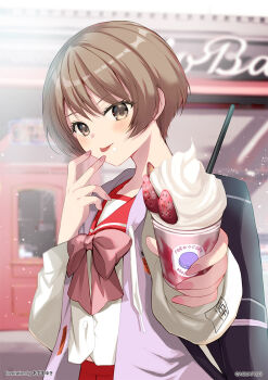 1girl aquaplus artist_name azuma_yuki bag black_bag blouse blush bow brown_hair buttons cafe collar collared_jacket collared_shirt commentary_request company_name contrast_collar cream cream_on_face door drawstring drinking_straw eyelashes fingerless_gloves food food_on_face fruit gloves guest_art highres jacket letterman_jacket light_particles long_sleeves looking_at_viewer nagaoka_shiho official_art open_clothes open_jacket open_sign outdoors painterly pink_bow pink_jacket pleated_skirt pov print_sleeve_cuffs puffy_long_sleeves puffy_sleeves red_collar red_skirt school_bag second-party_source shirt short_hair skirt sleeve_cuffs solo strawberry text_print to_heart to_heart_(series) tongue tongue_out unzipped upper_body whipped_cream white_shirt white_sleeves yellow_eyes