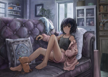 1girl barefoot black_camisole black_eyes black_hair book cabinet camisole cardigan cardigan_partially_removed closed_mouth couch cup expressionless full_body highres indoors katamimi123 knee_up on_couch on_pillow original pillow pink_cardigan pink_shorts plate reclining shelf short_hair short_shorts shorts slice_of_life solo spaghetti_strap stuffed_animal stuffed_horse stuffed_toy window wispy_bangs