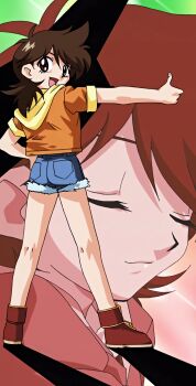 00s 1girl absurdres anime_screenshot bare_legs beyblade beyblade_g_revolution big_hair brown_eyes brown_hair denim denim_shorts hair_between_eyes highres jacket looking_at_viewer looking_back medium_hair multiple_views non-web_source open_clothes open_jacket open_mouth ryona shorts skirt smile solo tachibana_hiromi tank_top white_skirt zoom_layer