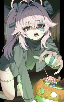 1girl 966_kururu_966 absurdres ahoge all_fours black_sweater blue_archive blurry blurry_background bright_pupils candy chocolate chocolate_bar commentary drooling fingernails food foot_out_of_frame grey_jacket hair_between_eyes hair_intakes halloween halloween_costume halo hand_up highres indoors jack-o'-lantern jacket long_hair long_sleeves mouth_drool natsu_(blue_archive) natsu_(halloween)_(blue_archive) official_alternate_costume open_clothes open_jacket open_mouth pink_hair pink_halo pumpkin reaching reaching_towards_viewer red_eyes screw_hair_ornament side_ponytail sidelocks solo stitched_face stitched_fingers stitched_leg stitches sweater teeth tongue tsurime turtleneck turtleneck_sweater underlighting white_pupils zombie_costume