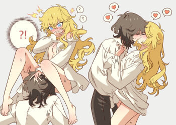 1boy 1girl andre_grandier barefoot black_pants blonde_hair blue_eyes blush bottomless brown_hair closed_eyes cunnilingus fingering grey_background heart hetero kiss long_hair long_sleeves medium_hair meremero naked_shirt open_clothes open_shirt oral oscar_francois_de_jarjayes pants shirt spoken_heart straight_hair versailles_no_bara white_shirt