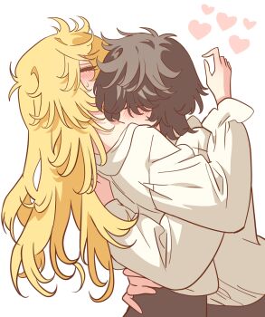 1boy 1girl andre_grandier black_hair black_pants blonde_hair blush closed_eyes grey_background hair_over_one_eye heart highres hug long_hair long_sleeves meremero messy_hair oscar_francois_de_jarjayes pants shirt simple_background sketch spoken_heart versailles_no_bara white_shirt