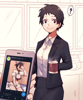 1girl ? animal_ears arm_between_legs black_hair black_jacket black_skirt breasts cat_ears cellphone cleavage coffee_pot highres jacket large_breasts looking_at_viewer original phone shirt short_hair simple_background skirt solo spoken_question_mark steam tedty33 twitter white_shirt