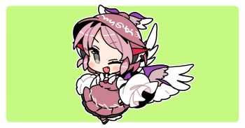 1girl ;d animal_ears bird_ears bird_girl bird_wings black_shoes blush border brown_dress brown_hat brown_socks chibi chibi_only commentary dress earrings full_body green_background grey_eyes hat ini_(inunabe00) jewelry long_sleeves looking_at_viewer mystia_lorelei one_eye_closed open_mouth outline outside_border parted_bangs pink_hair shoes short_hair simple_background single_earring sleeves_past_fingers sleeves_past_wrists smile socks solo touhou v-shaped_eyebrows white_border white_outline winged_hat winged_shoes wings