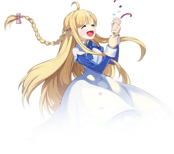 Rule 34 | 1girl, alpha transparency, artist request, blue bow, blue dress, blue eyes, blue sleeves, blunt bangs, blush, bow, braid, breasts, closed eyes, collared dress, confetti, dress, dress bow, dress shoes, eyelashes, happy, high collar, holding, holding party popper, layered dress, layered sleeves, long hair, long sidelocks, long sleeves, low-braided long hair, low-tied long hair, medium breasts, medium dress, nexon, official art, open mouth, party popper, petticoat, purple bow, second-party source, short over long sleeves, short sleeves, side braid, sidelocks, simple background, single braid, sleeve cuffs, smile, solo, straight hair, tales weaver, tichiel juspian, transparent background, very long hair, very long sidelocks, white dress, white sleeves