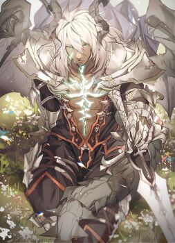1boy armor bad_id bad_twitter_id balmung_(fate) bare_pectorals dark-skinned_male dark_skin dragon_tail dragon_wings fate/apocrypha fate_(series) field glowing glowing_eyes green_eyes highres horns long_hair looking_at_viewer male_focus neon_trim no-kan pectorals platinum_blonde_hair siegfried_(fate) solo sword tail weapon white_hair wings