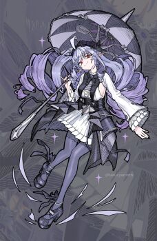 1girl absurdres black_hairband black_skirt breasts dress drill_hair full_body grey_background hairband haruchan highres holding holding_umbrella large_breasts pantyhose parasol pointy_ears purple_pantyhose red_eyes shrug_(clothing) sideboob skirt smile solo umbrella vivian_banshee white_dress white_shrug zenless_zone_zero