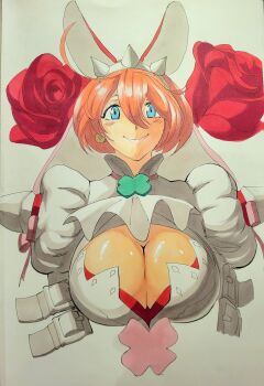 1girl animal_ears blue_eyes blush breasts cleavage closed_mouth commentary earrings elphelt_valentine english_commentary fake_animal_ears flower grey_background guilty_gear guilty_gear_xrd highres jewelry large_breasts octavius_(octavius_dp) pink_hair rabbit_ears red_flower red_rose rose short_hair simple_background smile solo upper_body