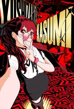 1girl breasts character_name commentary earrings full_body glasses highres jewelry large_breasts long_hair looking_at_viewer may_(may_lee8) persona persona_5 ponytail red-framed_eyewear red_eyes red_hair smile solo tongue tongue_out yoshizawa_kasumi