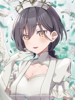 1girl balloon birthday black_hair breasts cleavage collarbone commentary confetti feathers gloves highres katsuragi_izumi kyaku_tasu large_breasts link!_like!_love_live! looking_at_viewer love_live! signature solo twitter_username watermark white_feathers white_gloves yellow_eyes