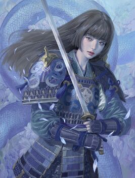 1girl armor blue_armor blue_theme blunt_bangs blunt_sidelocks brown_eyes brown_hair commentary english_commentary flower hair_flower hair_ornament heo_sung-moo highres hime_cut holding holding_weapon japanese_armor kote original pale_skin petals samurai shoulder_armor sidelocks snake sode solo thick_eyebrows thick_lips two-handed weapon