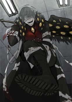 1boy absurdres bandaged_arm bandages black_boots black_coat black_shirt blood blood_on_clothes boots coat collared_shirt e.g.o_(project_moon) employee_(project_moon) gem grey_hair highres holding holding_sword holding_weapon lamp lobotomy_corporation looking_at_viewer non_tarou nugget_(project_moon) open_mouth project_moon red_sweater sharp_teeth shirt smile solo sweater sword teeth twilight_(e.g.o) weapon yellow_gemstone