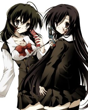 2girls ahoge black_eyes black_hair black_jacket black_skirt black_thighhighs blood blood_on_chest blood_on_face blood_on_hands blood_on_phone bow brown_eyes buttons cellphone double-breasted empty_eyes flip_phone highres holding holding_phone itou_makoto_(school_days) jacket katsura_kotonoha long_hair long_sleeves looking_at_viewer multiple_girls phone pleated_skirt red_bow saionji_sekai sakakino_academy_school_uniform school_days school_uniform shirt short_hair simple_background skirt smile suspender_skirt suspenders takanashi_(takanya_shi) thighhighs very_long_hair white_background white_shirt zettai_ryouiki