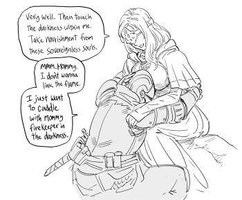 1boy 1girl armor ashen_one_(dark_souls) bb_(baalbuddy) blindfold blindfold_mask commentary covered_eyes dark_souls_(series) dark_souls_iii dress english_commentary english_text fire_keeper fromsoftware greyscale helmet highres long_hair mask monochrome simple_background speech_bubble white_background