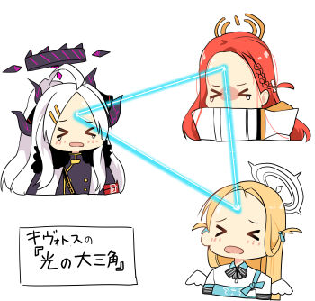 &gt;_&lt; 3girls :o absurdres ahoge angel_wings apron armband belt black_coat blonde_hair blue_apron blue_archive braid coat coat_on_shoulders commentary demon_girl demon_horns fatcat_booster feathered_wings forehead fur-trimmed_coat fur_trim hair_ornament hair_ribbon hairclip halo highres hina_(blue_archive) horns long_hair long_sleeves looking_at_another military_uniform multiple_girls open_clothes open_coat part_time_job parted_bangs red_armband red_hair ribbon sam_browne_belt shoulder_belt sidelocks simple_background single_braid sora_(blue_archive) store_clerk tearing_up trait_connection triangle wavy_hair white_background white_coat white_hair white_wings wings xo yuzu_(blue_archive)