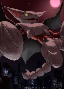 cityscape colored_sclera commentary_request fangs flying full_moon gen_4_pokemon gliscor moon night nintendo no_humans open_mouth pincers pokemon pokemon_(creature) pokemon_focus red_moon sharp_teeth sky srseyo_o star_(sky) starry_sky teeth yellow_eyes yellow_sclera