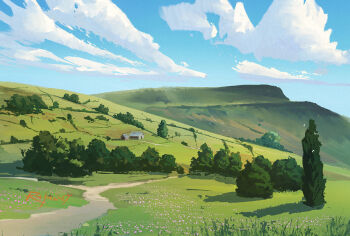 artist_name bird blue_sky building cloud flower grass hill house landscape nature no_humans original outdoors path pink_flower procreate_(medium) rajawat road signature sky tree watermark