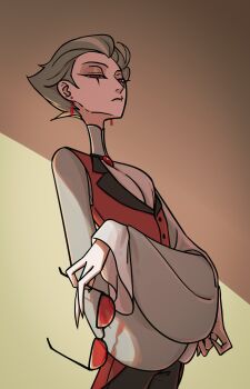 1boy absurdres ascot closed_mouth crossed_arms demon_boy earrings floating_earrings glasses grey_hair hair_slicked_back hellaverse helluva_boss highres jewelry juliet_sleeves long_sleeves looking_down male_focus puffy_sleeves red_eyes stolas_(helluva_boss) xiaolin610