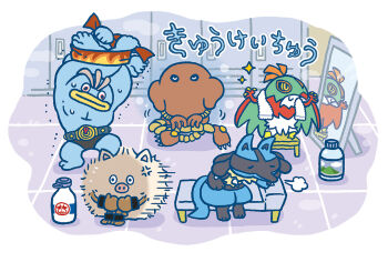 Rule 34 | anger vein, arms up, bench, black eyes, border, bottle, chibi, chibi only, closed eyes, commentary request, full-length mirror, gen 1 pokemon, gen 4 pokemon, gen 6 pokemon, hawlucha, hitmonlee, locker, locker room, lucario, machamp, milk bottle, mirror, moomoo milk, nintendo, official art, pokemon, pokemon (creature), pokemon focus, primeape, puff of air, sitting, sparkle, standing, sweat, towel, towel around neck, white border