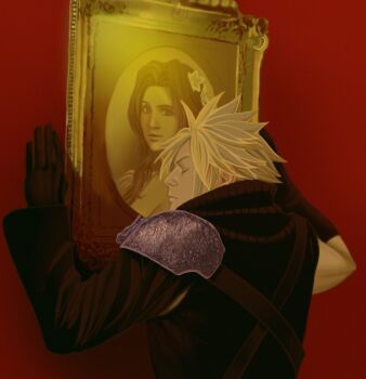 1boy 1girl aerith_gainsborough aerith_gainsborough_(floral_delight) black_gloves black_sleeves black_vest blonde_hair breasts cleavage closed_eyes cloud_strife derivative_work final_fantasy final_fantasy_vii final_fantasy_vii_advent_children final_fantasy_vii_rebirth final_fantasy_vii_remake flower gloves hair_flower hair_ornament herzenreine hetero long_hair medium_breasts official_alternate_costume parted_bangs picture_frame portrait_(object) short_hair sidelocks single_sleeve spiked_hair upper_body vest