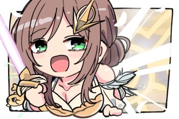 1girl :d alternate_eye_color angel bare_shoulders bikini breasts brown_bikini brown_hair chibi cleavage collarbone commentary_request energy_sword gakuen_idolmaster gen_9_pokemon green_eyes hair_bun hair_ornament heaven himesaki_rinami holding holding_sword holding_weapon idolmaster kawamochi_(kawauti919) looking_at_viewer medium_breasts nintendo open_mouth outside_border pokemon pokemon_(creature) puffy_short_sleeves puffy_sleeves short_sleeves smile swimsuit sword tatsugiri tatsugiri_(curly) upper_body weapon