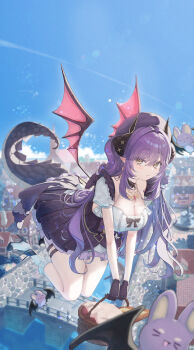 1girl :/ absurdres aqua_(eos8012) bat_(animal) black_gloves black_horns black_ribbon black_skirt blue_sky blurry blurry_background boots breasts cleavage closed_mouth dragon_girl dragon_horns dragon_tail earrings flying frilled_skirt frilled_sleeves frills full_body gloves hair_between_eyes high_heels highres holding horns jewelry knee_boots large_breasts long_hair long_sidelocks looking_at_viewer multicolored_skirt multiple_thigh_straps outdoors pointy_ears purple_hair purple_skirt ribbon sakihane_huya shirt short_sleeves sidelocks skirt sky solo stellive tail thigh_strap two-tone_skirt white_boots white_shirt yellow_eyes