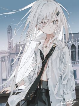 1girl absurdres arms_at_sides artist_name black_bow black_bowtie black_skirt bow bowtie building closed_mouth collared_shirt commentary_request cowboy_shot crossed_bangs dutch_angle expressionless fingernails floating_hair gradient_sky grey_eyes hair_between_eyes harly_whealer highres jewelry long_bangs long_hair long_shirt long_sleeves necklace no_bra open_clothes open_shirt original outdoors shirt signature skirt sky solo standing straight_hair tower very_long_hair watakokyu white_hair