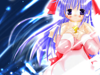 1girl 2000s_(style) acolyte_(ragnarok_online) blue_hair blush bow brown_capelet capelet closed_mouth commentary_request cowboy_shot cross dress glint hair_bow koba-p long_hair long_sleeves looking_at_viewer pink_dress purple_eyes ragnarok_online red_bow red_sash sash smile solo