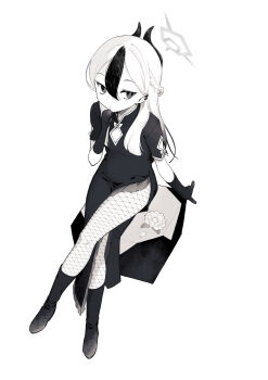 1girl absurdres alternate_costume alternate_hairstyle black_hair blue_archive boots braid china_dress chinese_clothes clenched_hand commentary_request crossed_legs demon_girl demon_horns double-parted_bangs dress dutch_angle ear_piercing fishnet_pantyhose fishnets flower full_body gloves greyscale hair_behind_ear hair_between_eyes half_up_braid halo highres horns kayoko_(blue_archive) kisaka long_hair looking_at_viewer mandarin_collar monochrome multicolored_hair pantyhose piercing short_sleeves side_braid side_slit sideways_glance simple_background sitting slit_pupils solo streaked_hair tsurime two-tone_hair