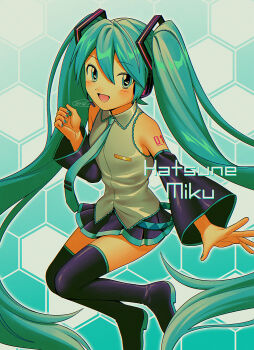 Rule 34 | 1girl, :d, absurdly long hair, absurdres, aqua background, aqua eyes, aqua hair, aqua nails, aqua necktie, aqua trim, bare shoulders, black boots, black skirt, black sleeves, blush, boots, character name, chromatic aberration, collared shirt, colored shoe soles, commentary request, detached sleeves, double-parted bangs, faux retro artstyle, film grain, flat chest, frilled shirt, frilled shirt collar, frills, full body, grey background, grey shirt, hair between eyes, hair ornament, hand up, hatsune miku, high heel boots, high heels, highres, jumping, knees together feet apart, long hair, long sleeves, looking at viewer, menma (enaic31), miniskirt, nail polish, necktie, number tattoo, open mouth, outline, outstretched arm, outstretched hand, pleated skirt, retro artstyle, shirt, shoulder tattoo, signature, simple background, skirt, sleeveless, sleeveless shirt, smile, solo, tattoo, thigh boots, thighhighs, tie clip, tongue, twintails, two-tone background, very long hair, vocaloid, white outline, wide sleeves, zettai ryouiki