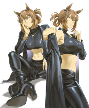 1girl absurdres animal_ears black_boots black_coat blue_eyes boots breasts brown_hair coat crop_top full_body high_heel_boots high_heels highres horse_ears horse_girl horse_tail large_breasts medium_hair midriff multiple_views ruukii_drift simple_background sitting standing super_creek_(umamusume) tail umamusume white_background