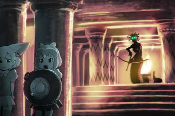 10s 3girls animal_ears black_hair blonde_hair bow bow_(weapon) bowtie chromatic_aberration clash_of_the_titans commentary common_raccoon_(kemono_friends) fennec_(kemono_friends) fire fox_ears gloves glowing glowing_eyes snake_hair kemono_friends long_hair medusa_(mythology) monster_girl multicolored_hair multiple_girls mythological_creature open_mouth parody pleated_skirt raccoon_ears scared shield short_hair short_sleeves skirt snake snake_hair ueyama_michirou weapon