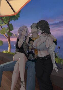 absurdres black_dress black_hair black_skirt bracelet breasts caelus_(honkai:_star_rail) cleavage commentary crossed_legs dress english_commentary ficoemirrio fur_jacket grabbing_another's_chin hand_on_another's_chin highres honkai:_star_rail honkai_(series) horns jacket jade_(honkai:_star_rail) jewelry large_breasts purple_hair sitting_on_thigh skirt tail tank_top the_dahlia_(honkai:_star_rail) trailblazer_(honkai:_star_rail)