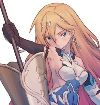 1girl armor armored_dress armpits black_gloves blonde_hair blue_eyes breasts closed_mouth commentary_request dress durandal_(bright_knight:_excelsis)_(honkai_impact) durandal_(honkai_impact) earrings elbow_gloves gloves holding holding_polearm holding_weapon honkai_(series) honkai_impact_3rd jewelry large_breasts long_hair looking_at_viewer matsushita_yuubin polearm simple_background solo upper_body very_long_hair weapon white_background