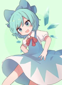 1girl :d ameshi_(rzuw4482) bare_legs blue_bow blue_dress blue_eyes blue_hair blush bow cirno commentary dress feet_out_of_frame flat_chest green_background hair_bow hand_on_own_hip highres ice ice_wings looking_at_viewer neck_ribbon open_mouth puffy_short_sleeves puffy_sleeves red_ribbon ribbon shirt short_hair short_sleeves smile solo swept_bangs touhou two-tone_background v-shaped_eyebrows white_shirt wings