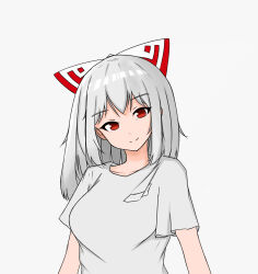 Rule 34 | 1girl, absurdres, bad id, bad pixiv id, bow, breasts, closed mouth, fujiwara no mokou, grey background, grey hair, hair bow, highres, hourai kagome, looking at viewer, red eyes, short sleeves, simple background, smile, solo, touhou, upper body, white bow